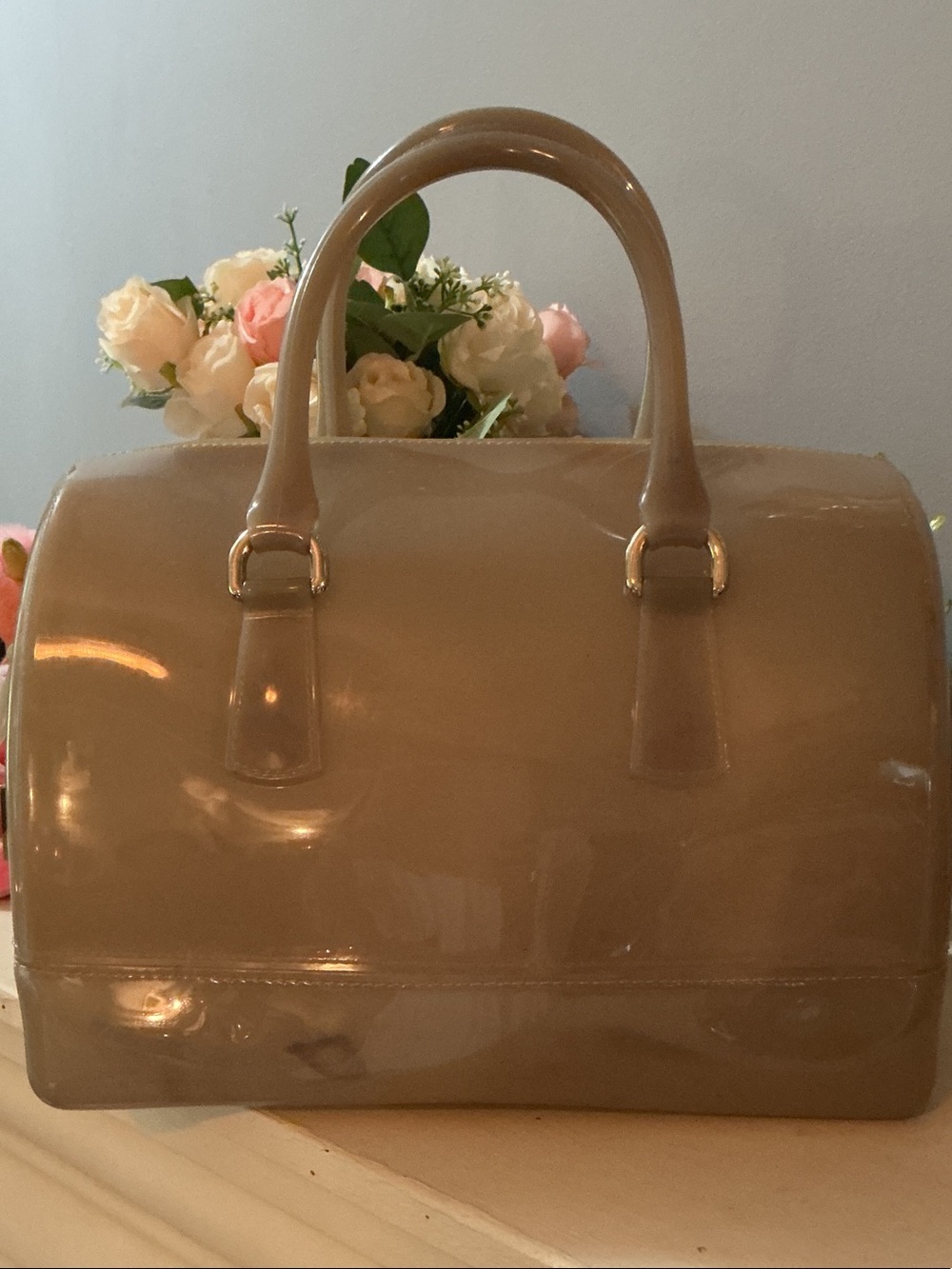 Furla Glossy Candy  Taupe Patent Dome Satchel - Picture 4 of 6